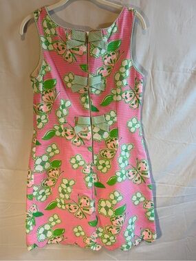 Lilly Pulitzer Pink Butterfly Floral Cotton Shift  Back Bow detail Dress Size 8